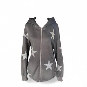 Black Rhinestone Star Zip-Up Hoodie Size M Y2K Sparkle Graphic